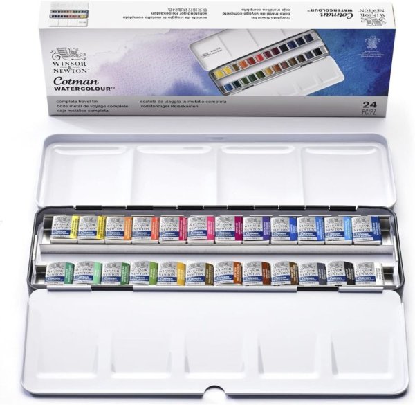 画像1: Winsor & Newton ウィンザー&ニュートン 水彩絵具 ウィンザー&ニュートン コットマン ウォーターカラーハーフパン２４色コンプリートトラベルメタルボックスセット (1)