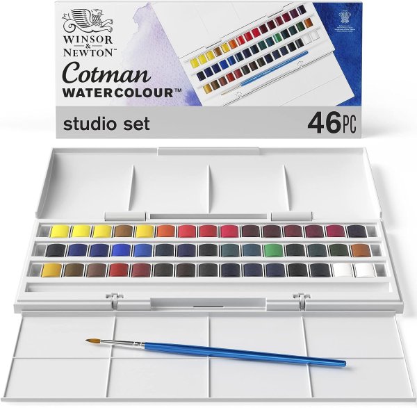 画像1: Winsor & Newton ウィンザー&ニュートン 水彩絵具 ウィンザー&ニュートン コットマン ウォーターカラー 40色セット (45個) スタジオセット ハーフパン (1)